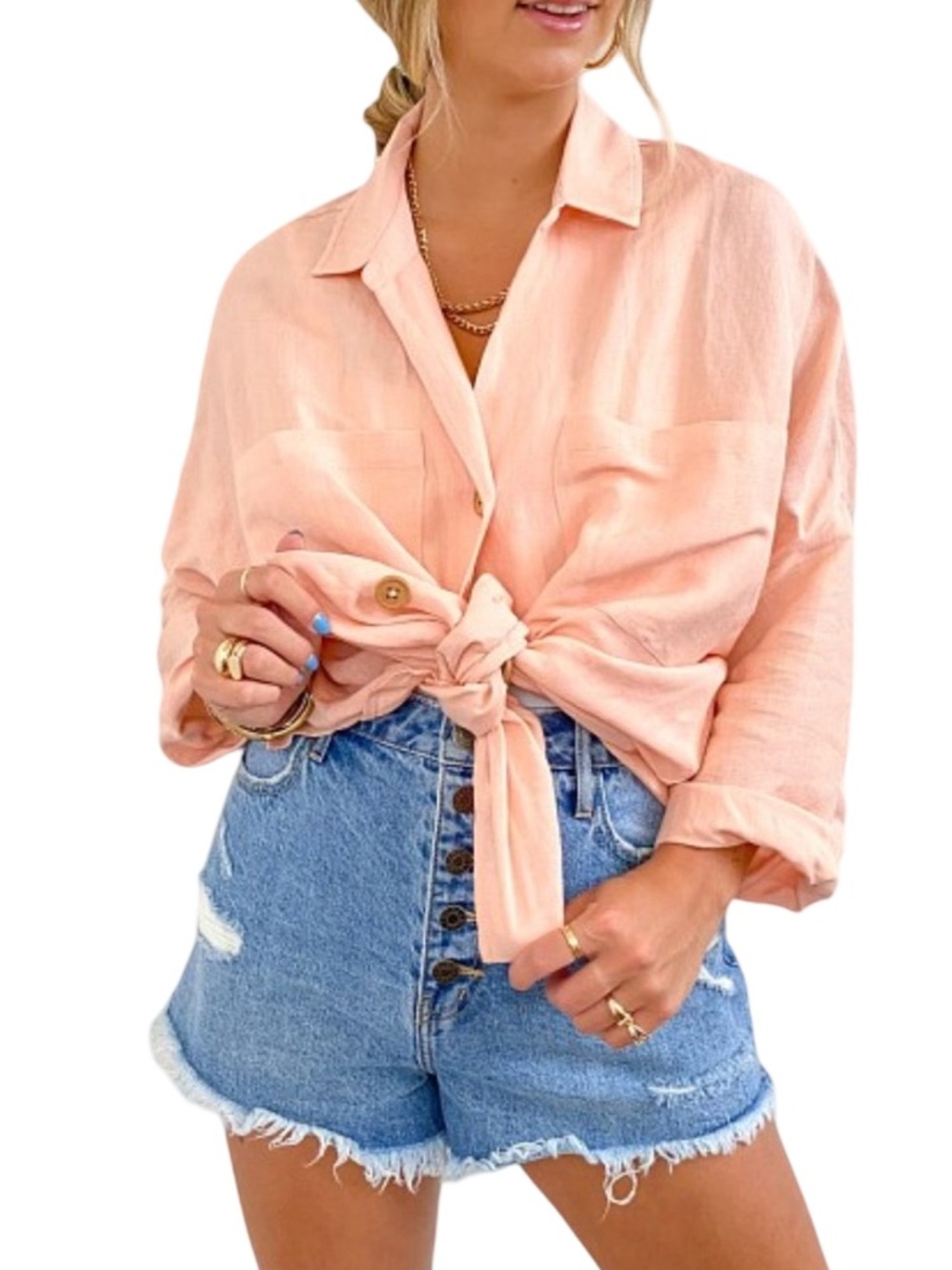 Show Me Your Mumu John Button Down Shirt Pink Linen Blend Oversized Size XS - Picture 9 of 9